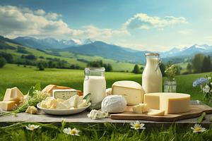 Fresh dairy products on landscape with green grass, a Food & Drink Photo by AlyaAnd