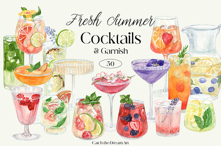 Fresh Summer Cocktails Watercolor, a Food Illustration by Catch the Dream Art
