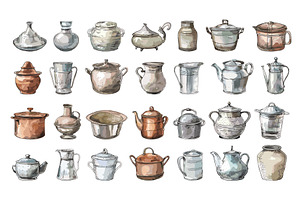 Watercolour Metal Pots Different, an Object Illustration by LadadikArt