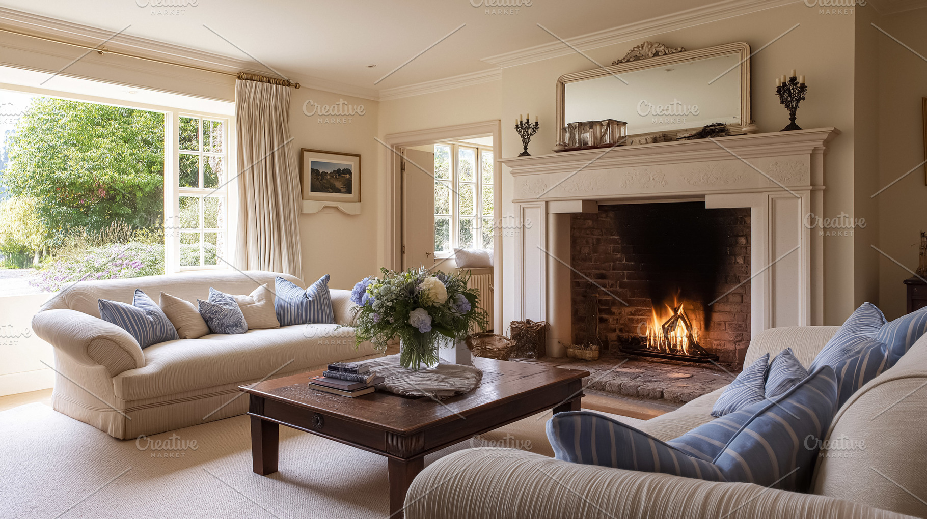 Cozy classic living room interior with lit fireplace, comfortable sofas, elegan, an Architecture Photo by Studio ANNA