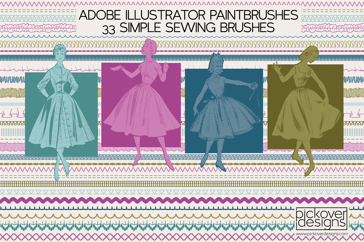 33 Simple Sewing Brushes-Illustrator, a Brush Add-On by Pickover Designs (Photo 1 of 3)