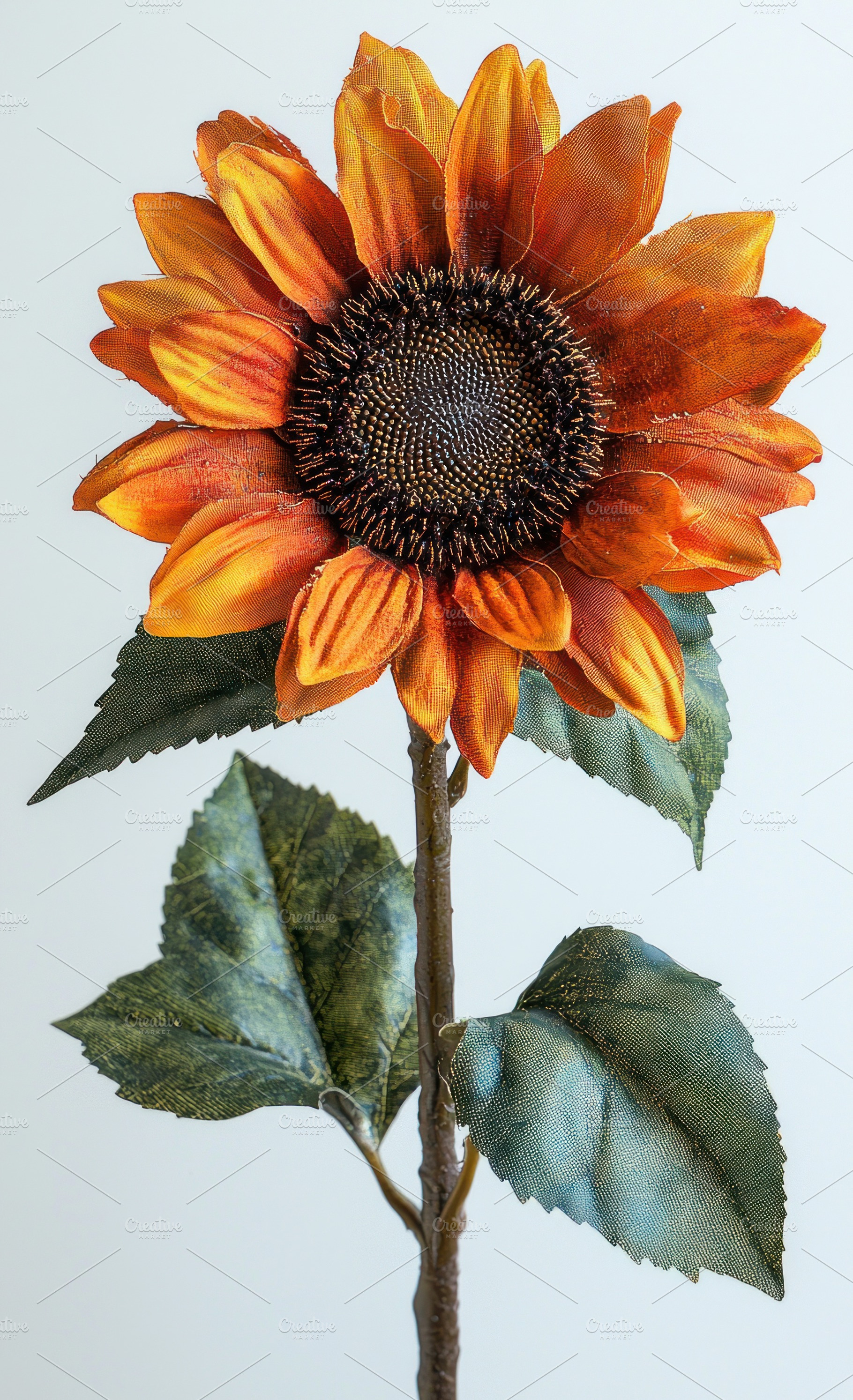 Artificial sunflower with textured orange petals and green fabri, a Nature Photo by José Manuel Gelpi