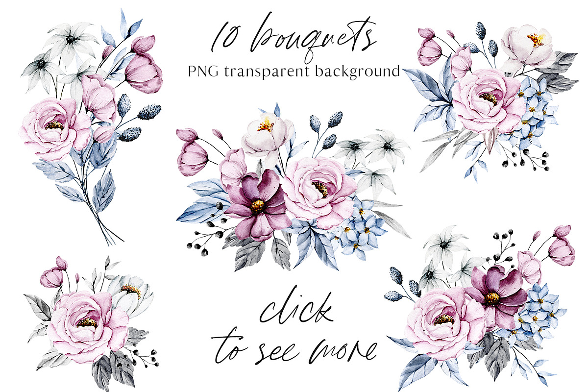 SALE! Watercolor pink & blue flowers, an Illustration by Larisa Maslova (Photo 2 of 11)