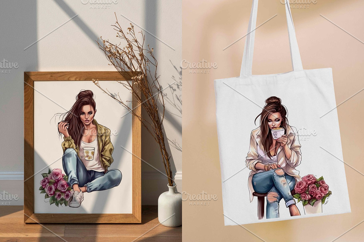 8 Watercolor Coffee Fashion Girl PNG, a Decorative Illustration by Jalina Clipart Studio (Photo 5 of 7)