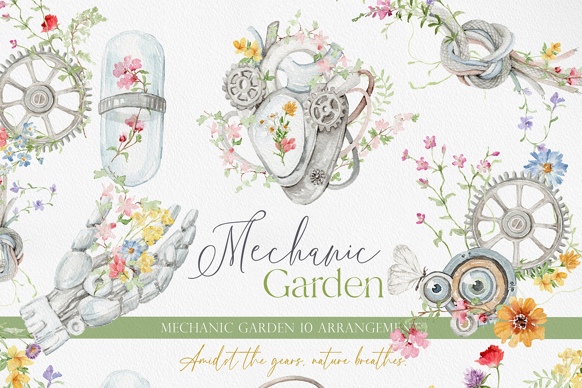 Watercolor MECHANIC GARDEN FLORAL, a Decorative Illustration by Beigetime (Photo 5 of 9)