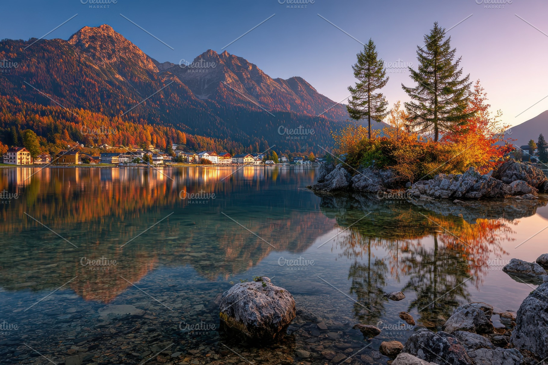 Alpine lake autumn reflection scenic, a Photo by Pixeness Studio