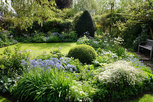English cottage garden blooming with flowers, lush shrubs, and a, a Photo by Studio ANNA