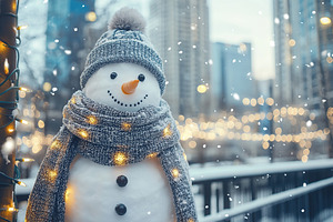 Snowman in winter clothes on blurred city background, a Holiday Photo by AlyaAnd