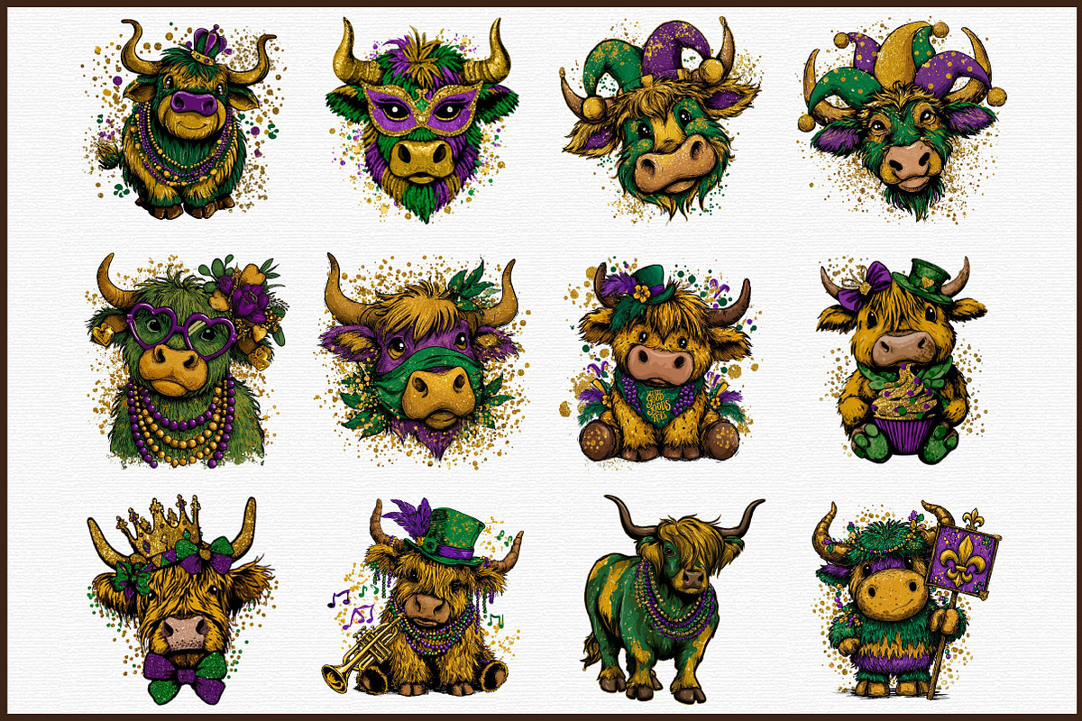 Cute Mardi Gras Highland Cow Clipart, an Illustration by Sublimation Artist (Photo 3 of 6)