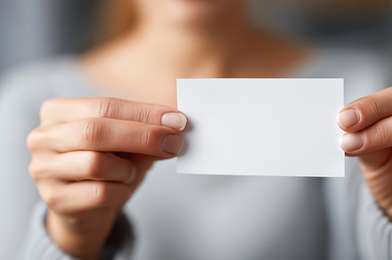 Woman holds blank business card, a Business Photo by MistyDay