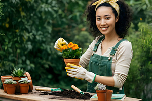 Asian woman gardening and holding po, a Nature Photo by Stock Shape