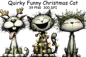 Quirky Funny Christmas Cat Clipart, an Illustration by CraftArtStudio