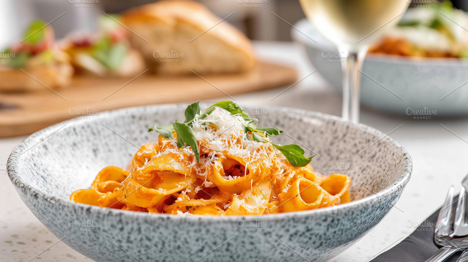 Creamy pasta garnished with fresh, a Food & Drink Photo by MistyDay