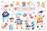 Cozy Christmas watercolor clipart, an Animal Illustration by UlitkaStudio (Thumbnail 1 of 9)