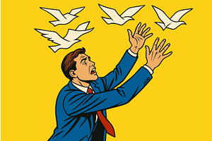 Man Reaching for Flying Doves in Pop, a Person Illustration by AlexArt