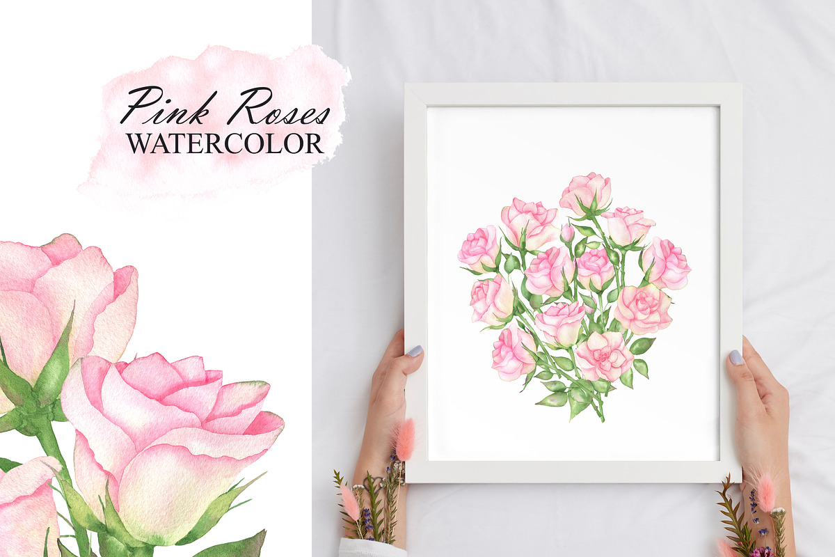 Watercolor pink roses and leaves, an Illustration by OlDm_Shop (Photo 8 of 10)