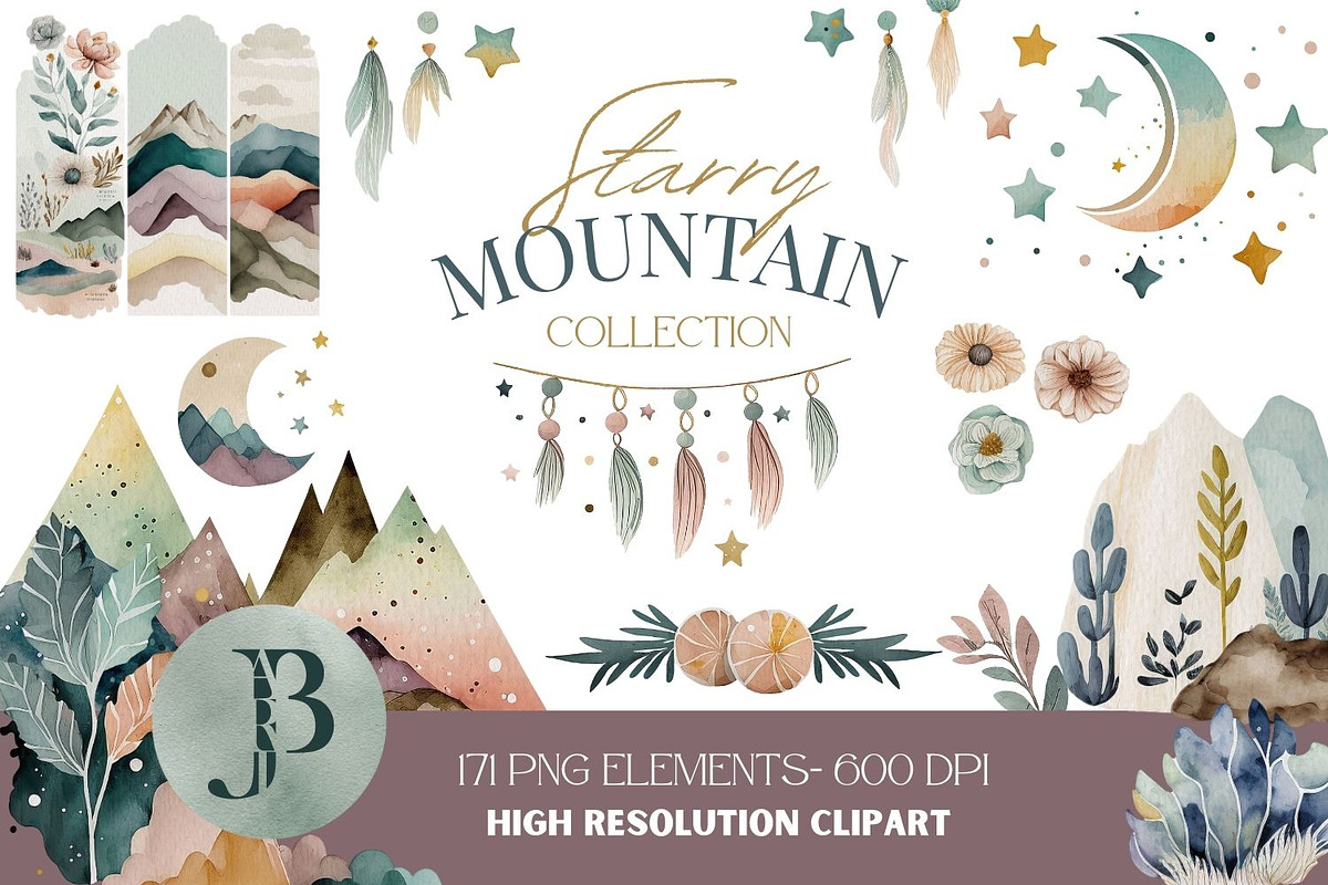 Boho Starry Night Mountain Clipart, a Graphic by JBArt Clipart
