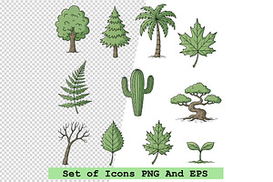 Set of  tree and leaf icons vector, an Icon by one-touch