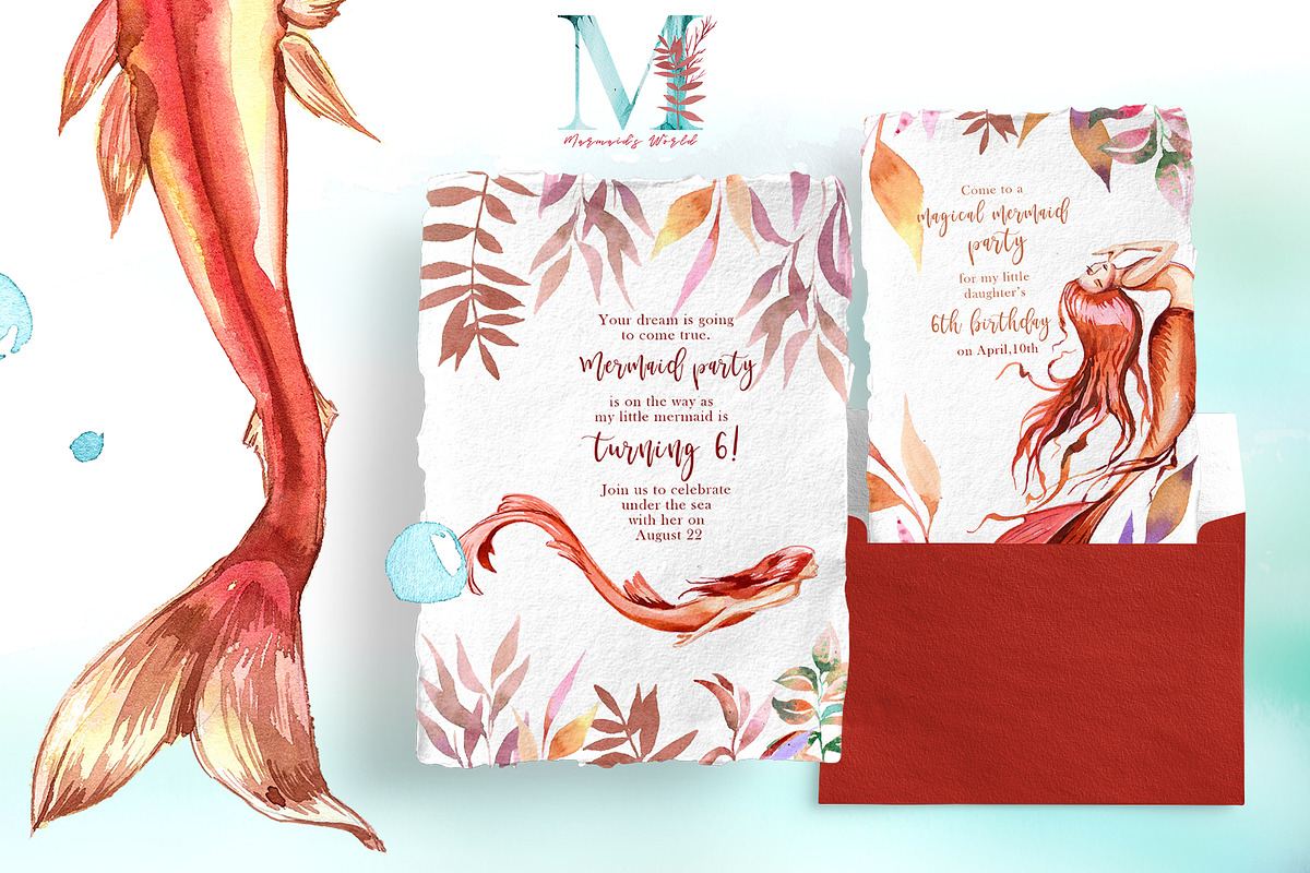 Watercolor Mermaid's World Clipart, a Person Illustration by ArtCreationsDesign (Photo 4 of 8)