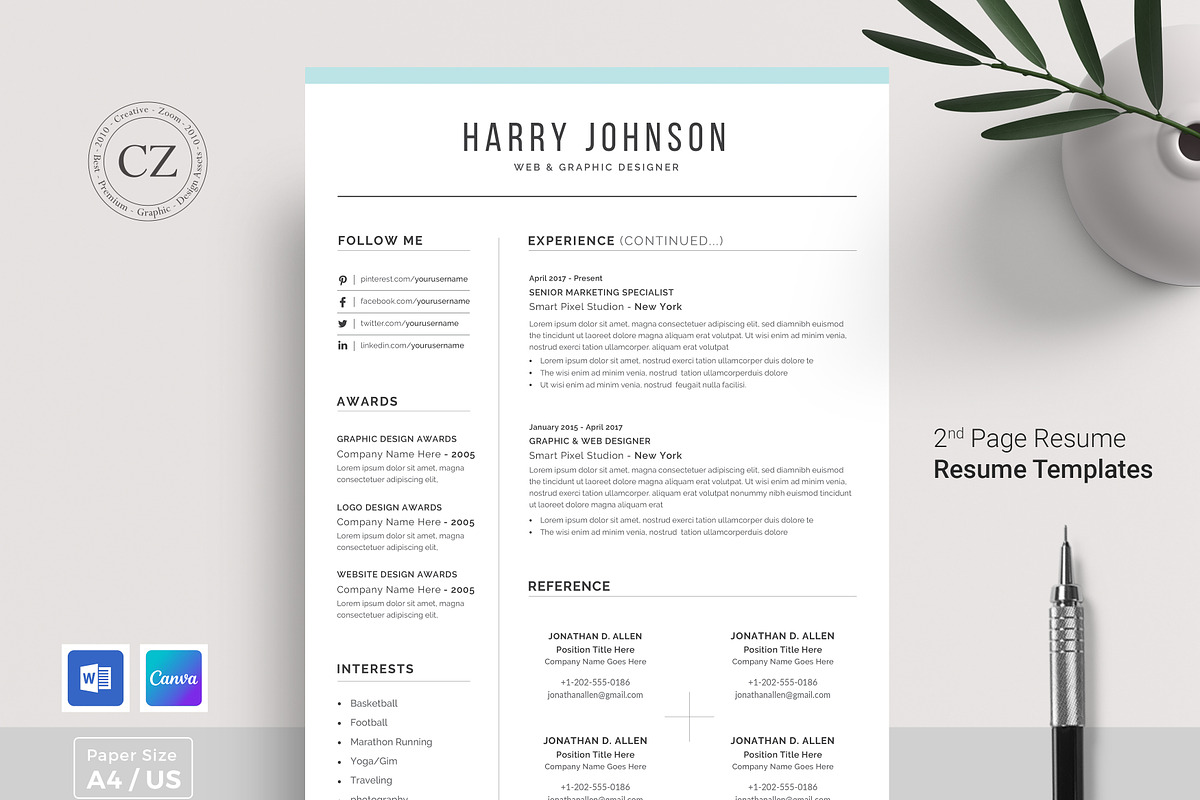 Resume/CV Template | Canva & Word, a Resume Template by CreativeZoom (Photo 6 of 9)