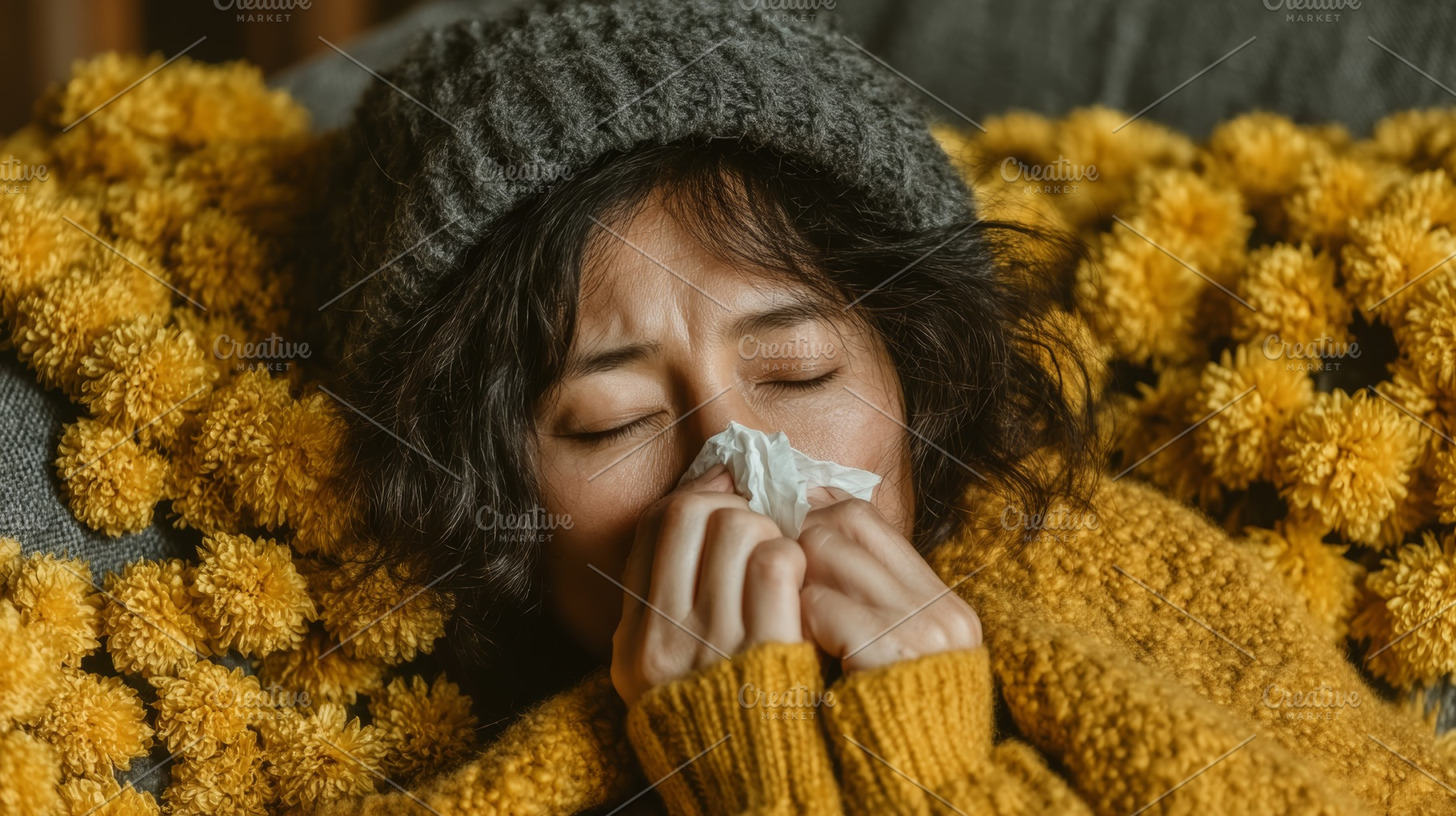 Woman blowing nose surrounded by yellow flowers, feeling unwell during winter, a Health & Medical Photo by AS photostudio