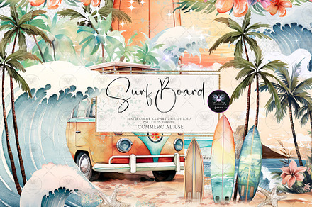 Surf Board Clipart Watercolor, an Illustration by BigCakeBee