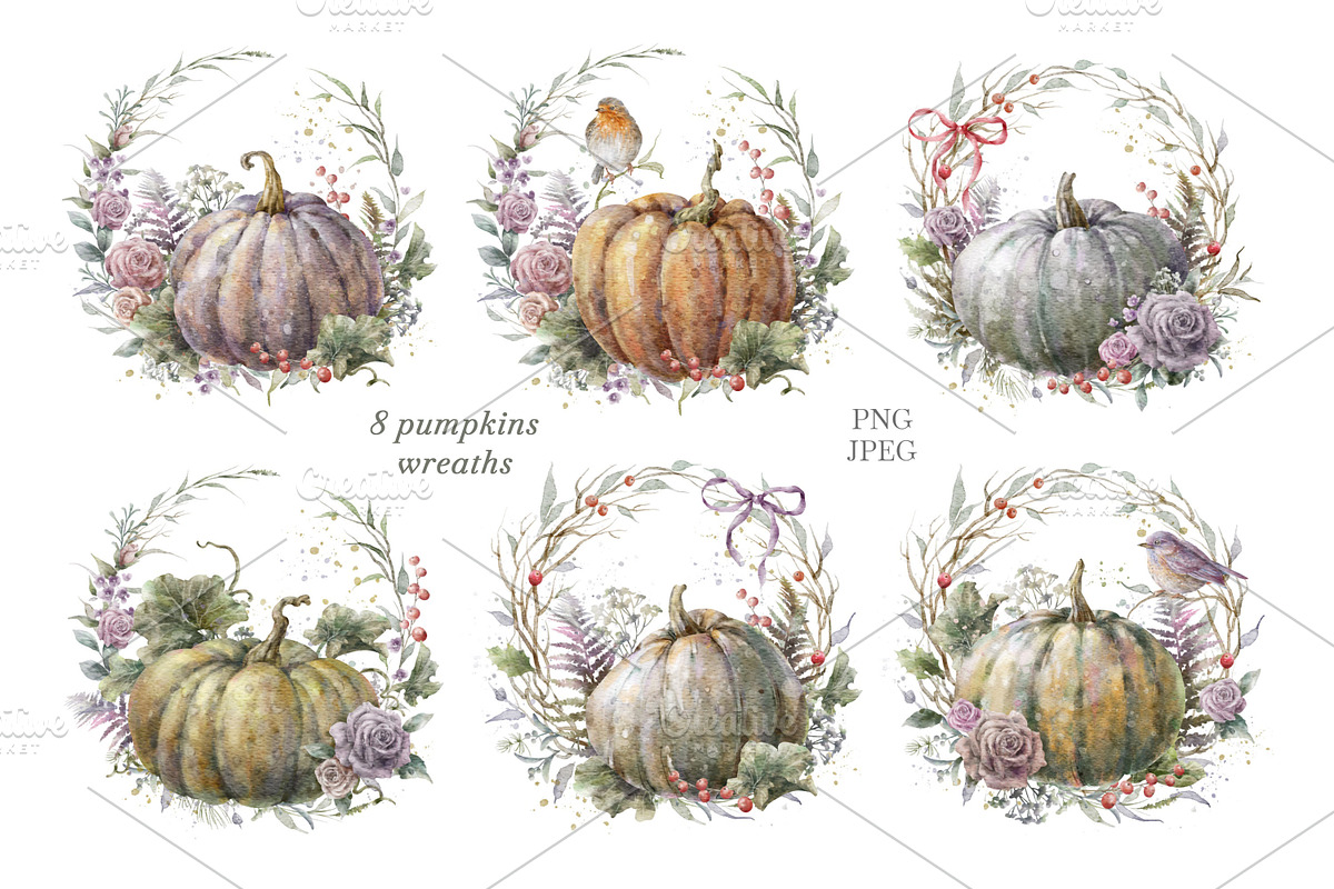 Watercolor Floral Pumpkin Clipart., a Decorative Illustration by VetaDesign (Photo 6 of 10)