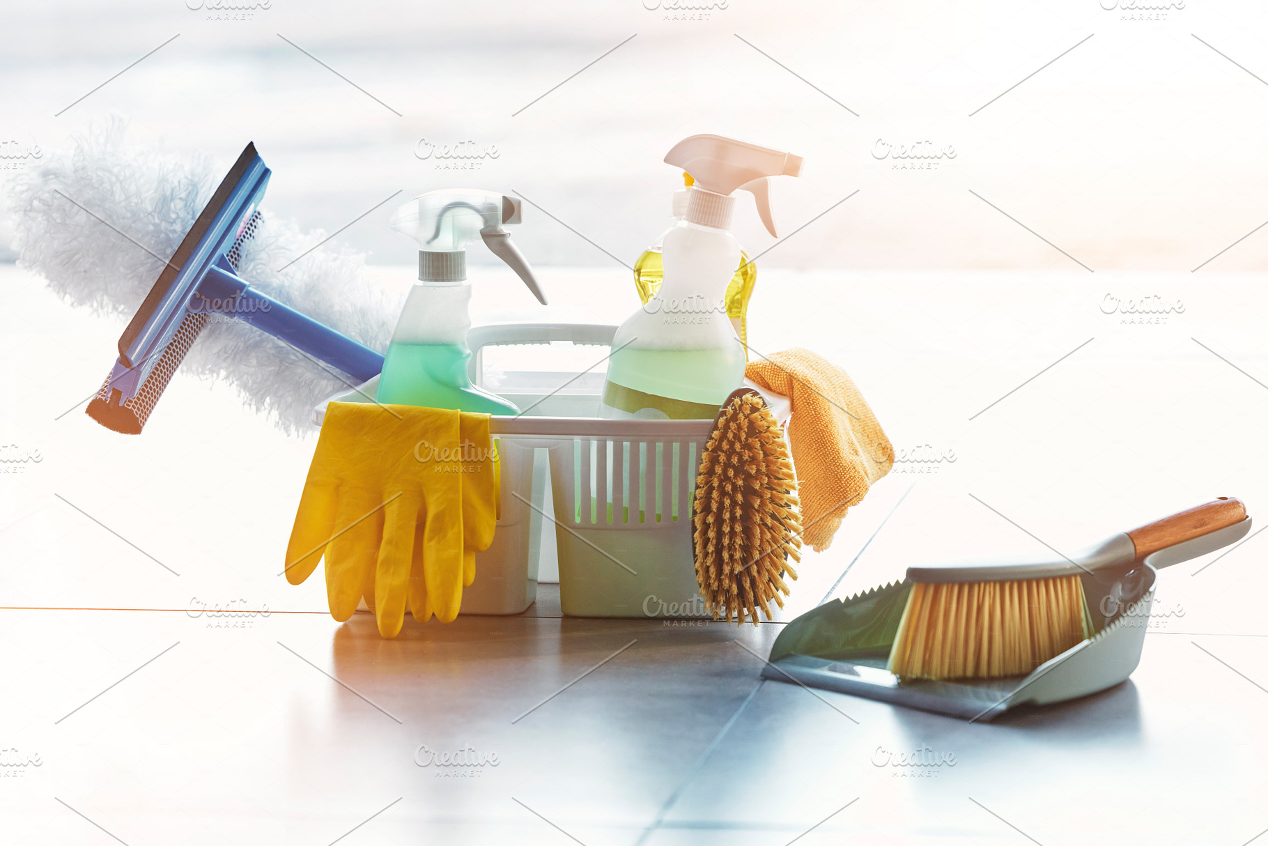 Product, cleaning or basket with spray, soap or gloves in a container for messy, dirty or dusty bacteria. Spring cleaning, cleaning supplies or liquid soap chemicals in spray bottle for home cleaning, a Photo by Peopleimages.com