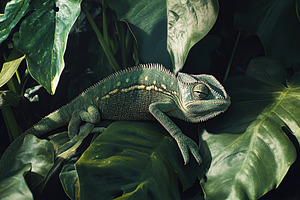 Exotic chameleon resting on lush green leaves in a tropical environment, an Animal Photo by AlyaAnd