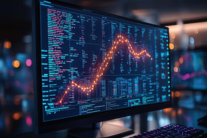 Dynamic stock market analysis displa, a Photo by Tanuart