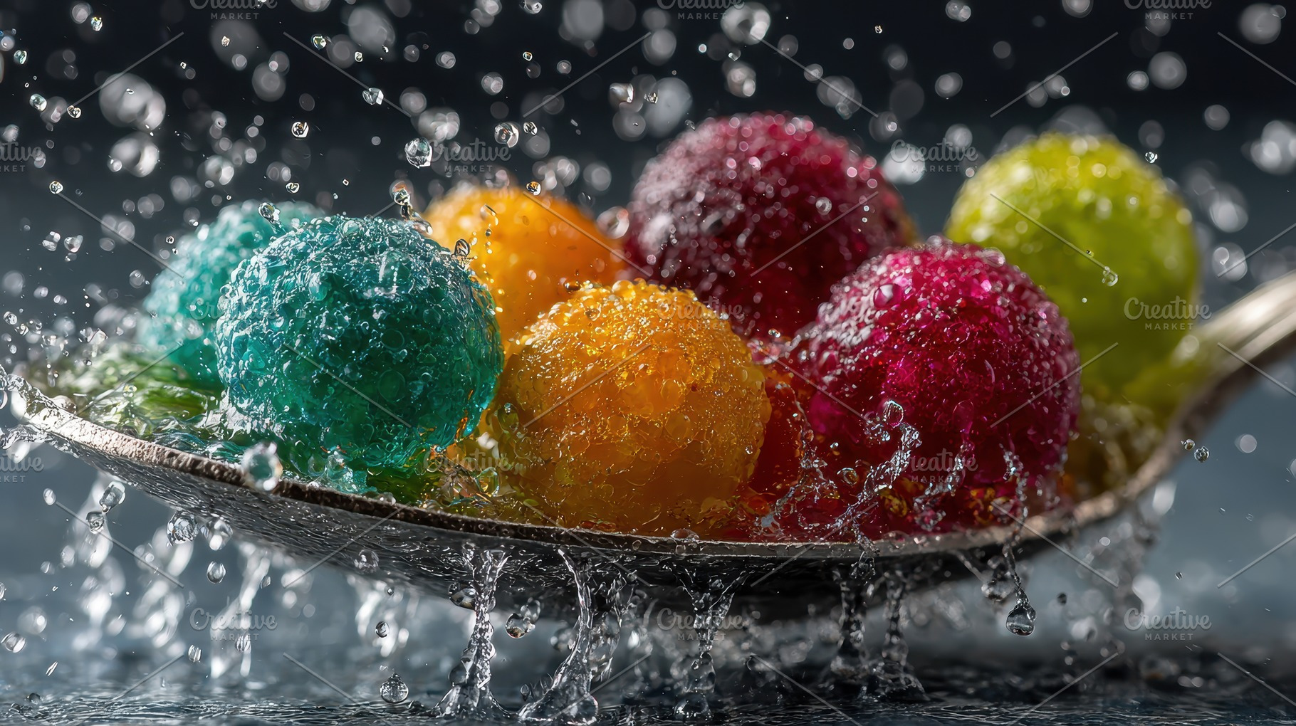 Colorful candy spheres on a spoon wa, a Photo by Pixeness Studio