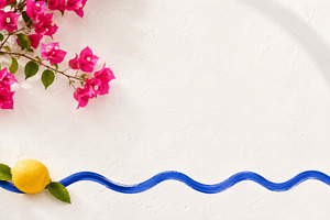 Greek isle aesthetic with pink flowe, a Photo by Dvoevnore photos