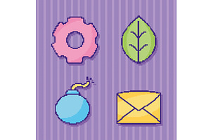 four pixel art items, an Object Illustration by studiogstock