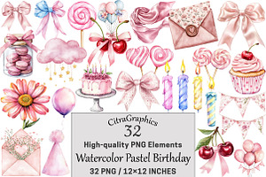 Watercolor Pastel Birthday Clipart, a Seasonal Illustration by CitraGraphics
