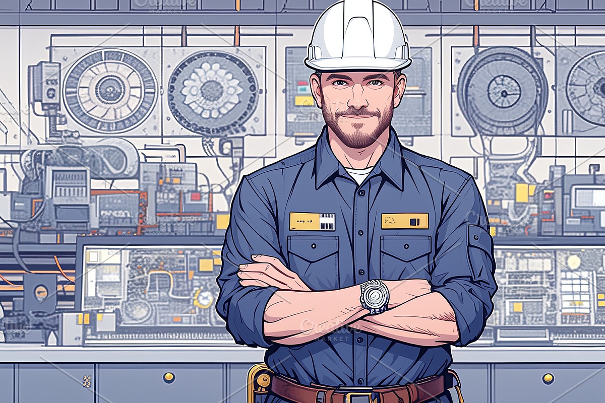 Confident factory engineer standing before advanced equipment, an Illustration by AS photostudio