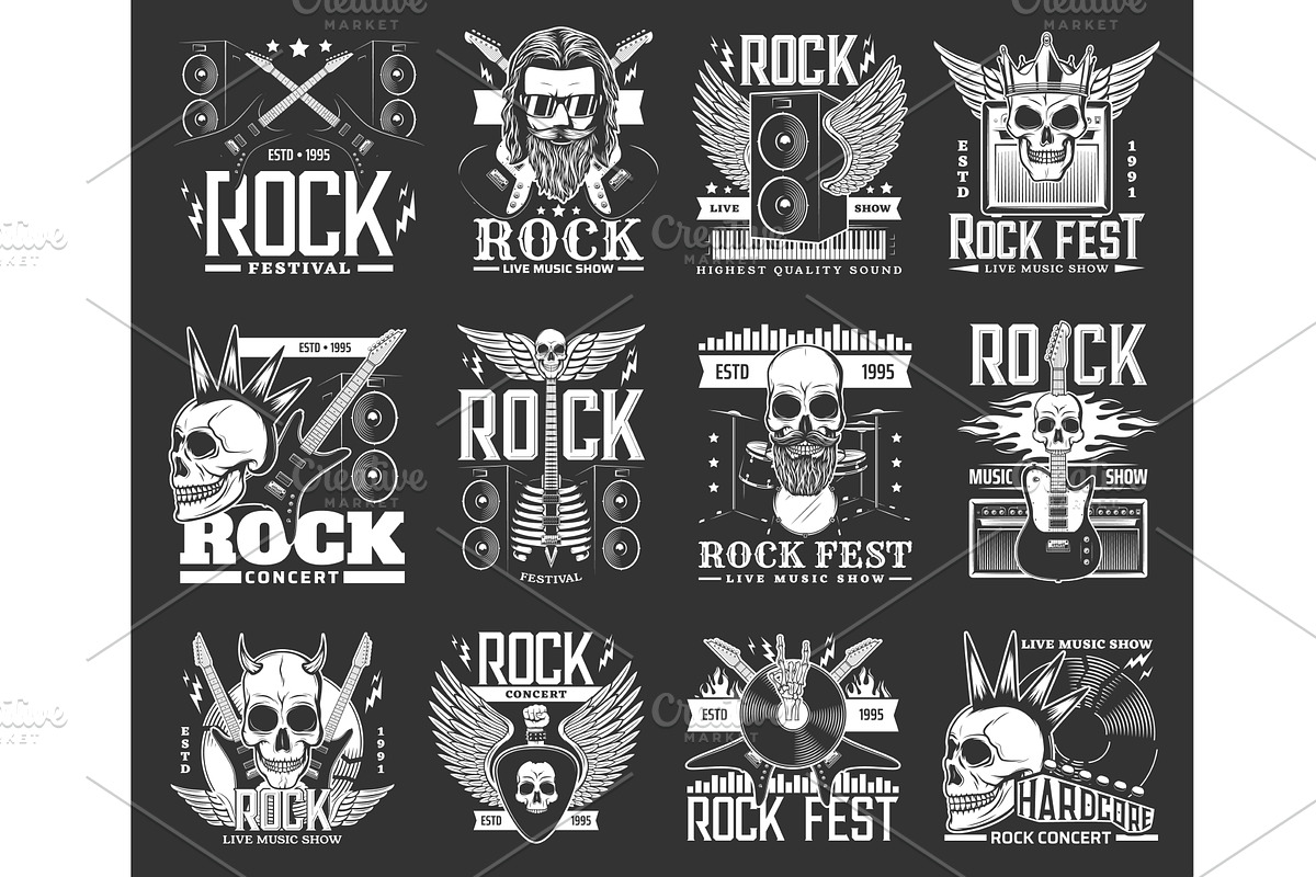 Hard rock music festival, show icons, a Person Illustration by Vector ...