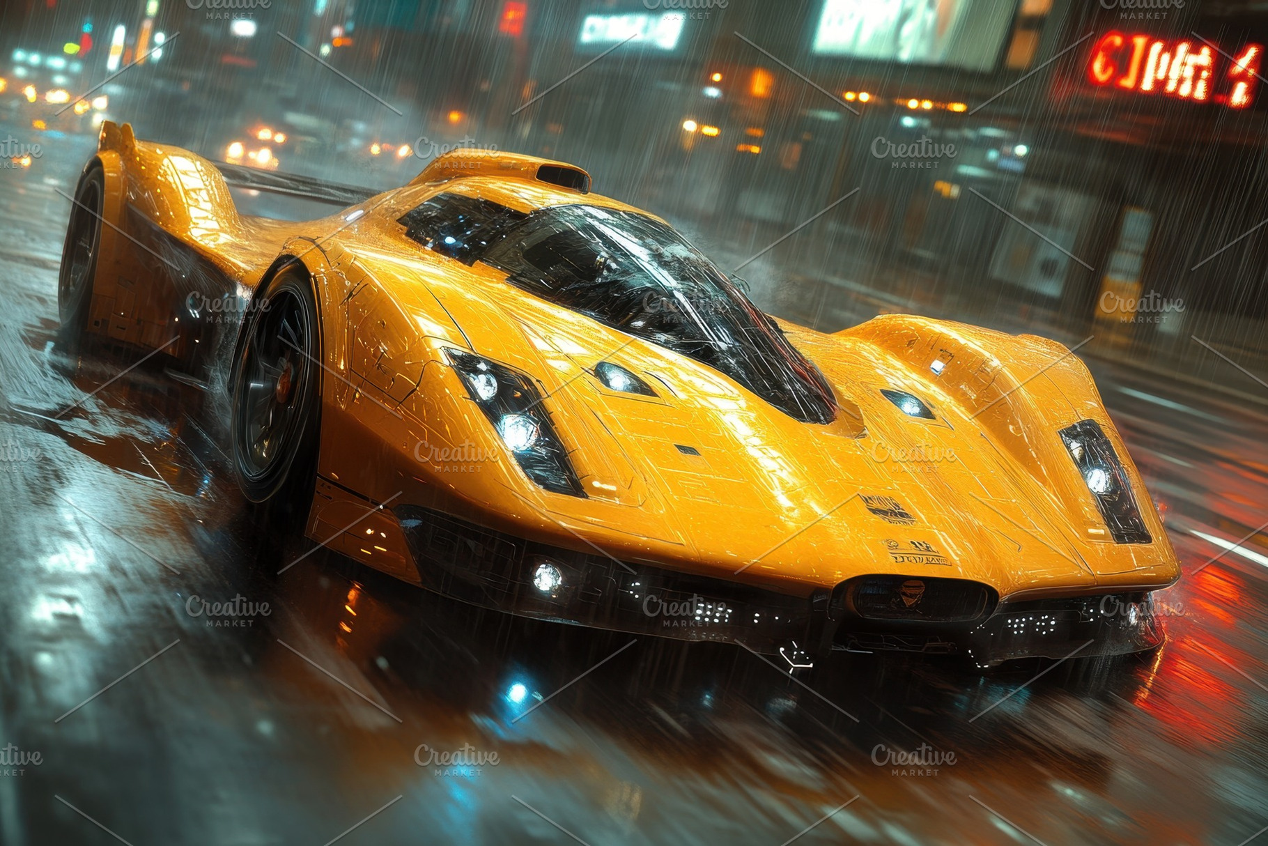 Bright yellow sports car drives thro, a Photo by Tanuart