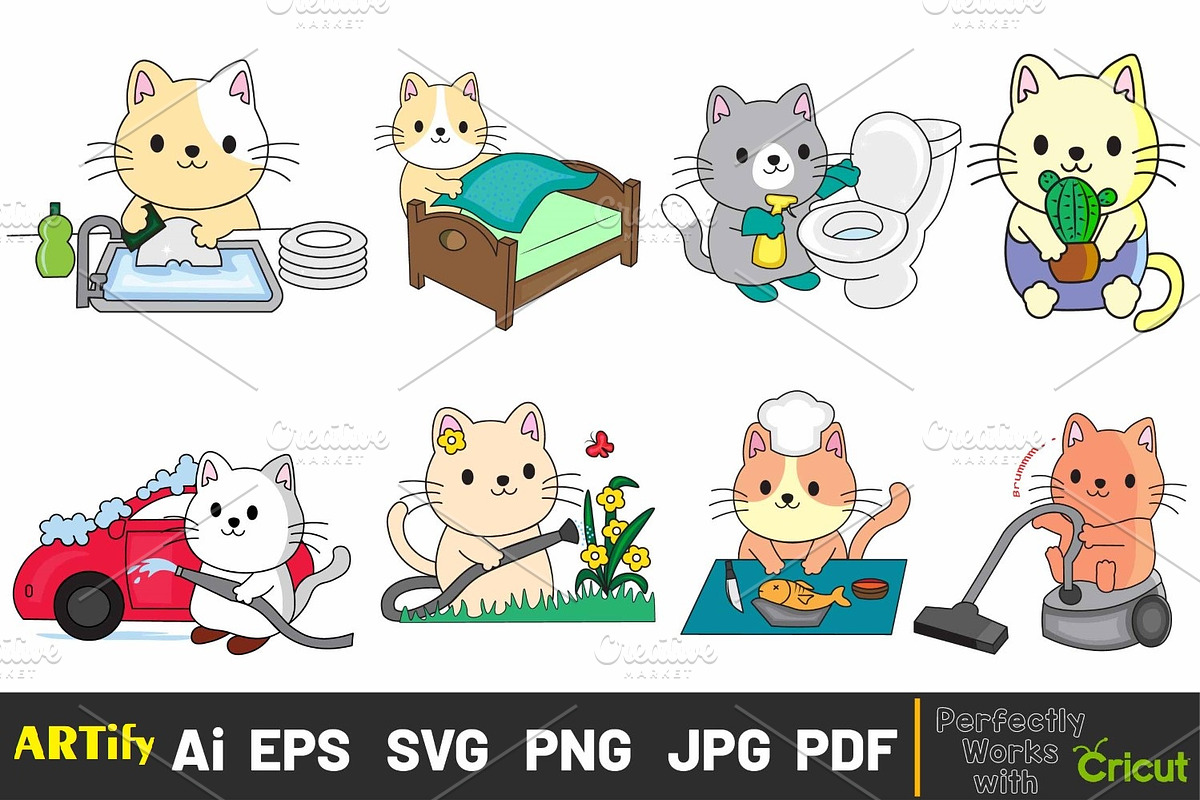 Funny Household Kawaii Cat Clipart, an Animal Illustration by ARTify Illustrations (Photo 2 of 9)