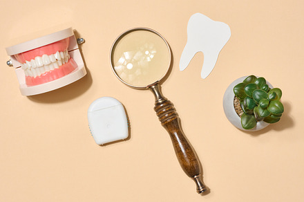 Model of dentures, magnifying glass located on beige background.