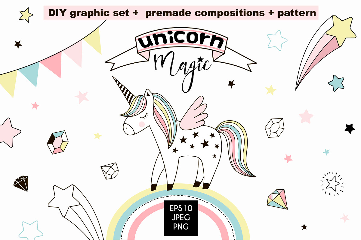 Unicorn Magic cliparts & patterns, a Decorative Illustration by @olga.angelloz (Photo 1 of 6)