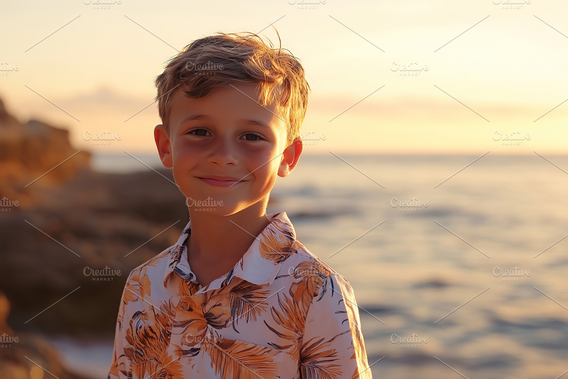 Young boy in floral shirt smiles by the ocean at sunset near rocky shoreline, a Person Photo by AlyaAnd