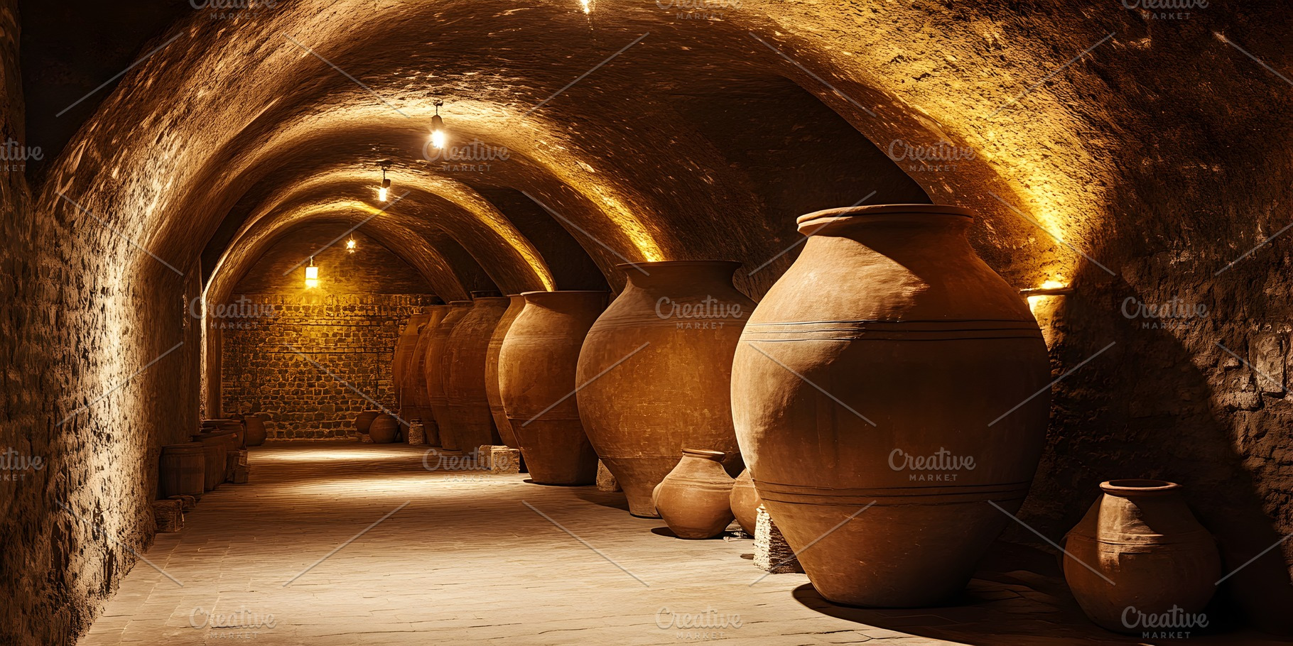 Ancient wine cellar with large clay amphorae, a Food & Drink Photo by Photostock