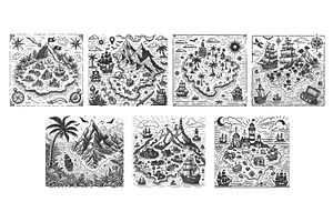 Pirate Treasure Map engraving vector, an Illustration by AlexArt