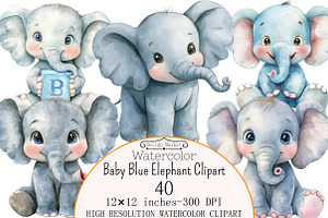 Watercolor Baby Blue Elephant Clipar