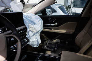 Interior of a car with deployed airbag after an accident or collision, a Transportation Photo by AS photostudio