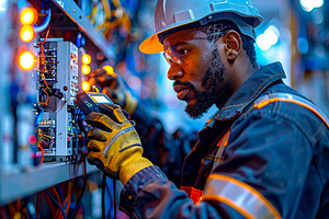 Young electrician installing electrical wiring and wall outlets, a Photo by DanFLCreativo