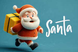 Cute cartoon Santa Claus running with yellow gift box on blue ba, a Holiday Photo by José Manuel Gelpi