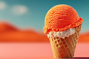 Ice cream cone with orange scoop on pastel background, refreshin, a Food & Drink Photo by José Manuel Gelpi