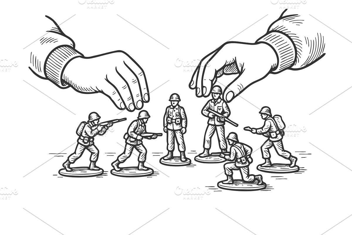 Hands arranging toy soldiers vector, an Illustration by AlexArt