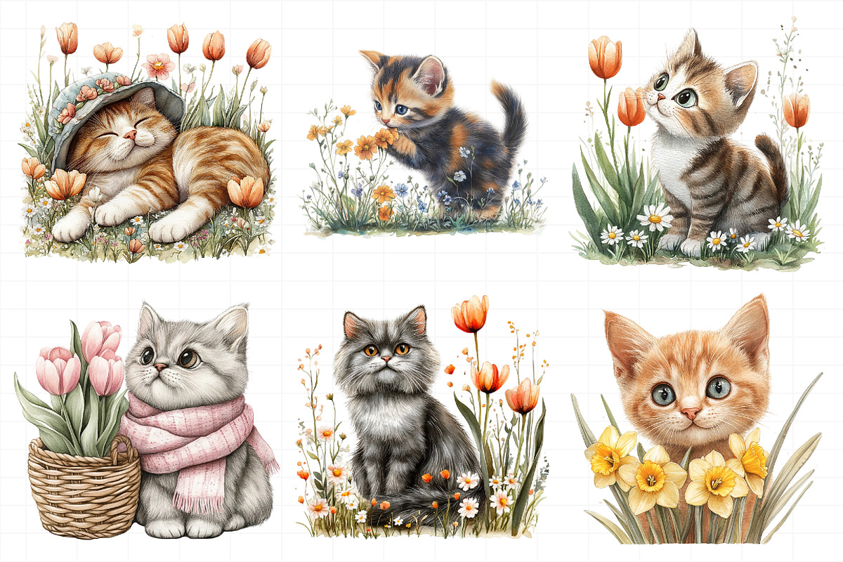 Whimsical Spring Cat Clipart, an Illustration by Daily.Designs (Photo 3 of 5)